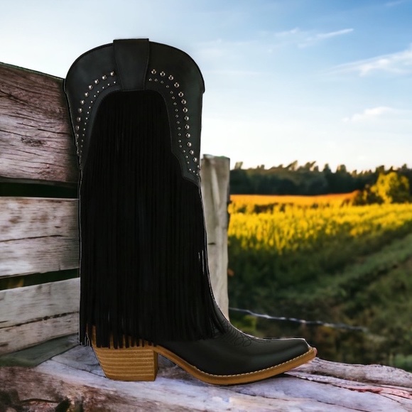 Beast Fashion Black Fringe Antique Stud Embellishment Tall Western Cowboy Boot - Picture 7 of 7